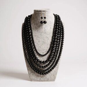Five Layers Black Lucite Bead Necklace earring Set